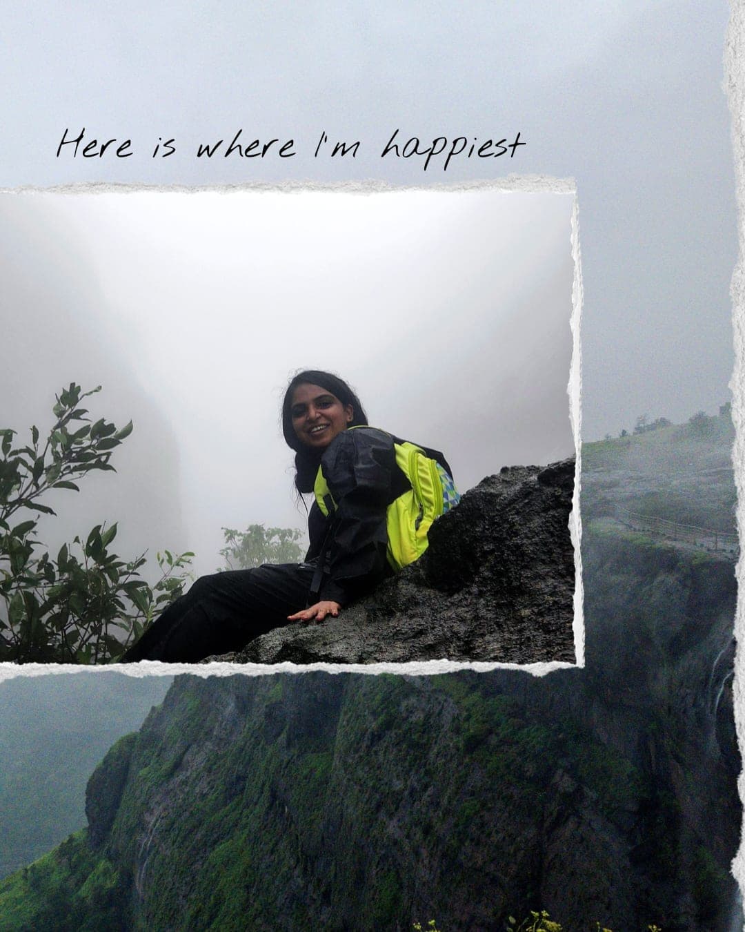 A trekker in a neon backpack sitting on a rock at the top of Naneghat, the cliffs fading into mist; handwritten text on the collage reads ‘Here is where I’m happiest’