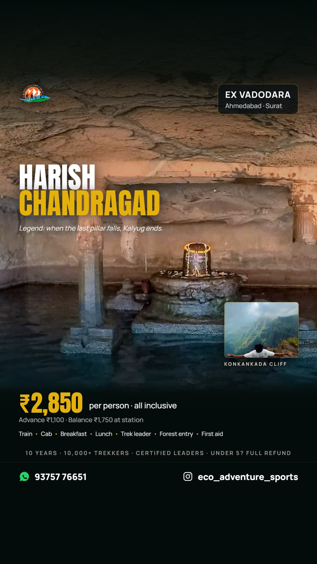 Harishchandragad story poster — the Kedareshwar cave shivling standing in water, with an inset of the Konkankada cliff; ₹2,850 per person all inclusive, ex Vadodara