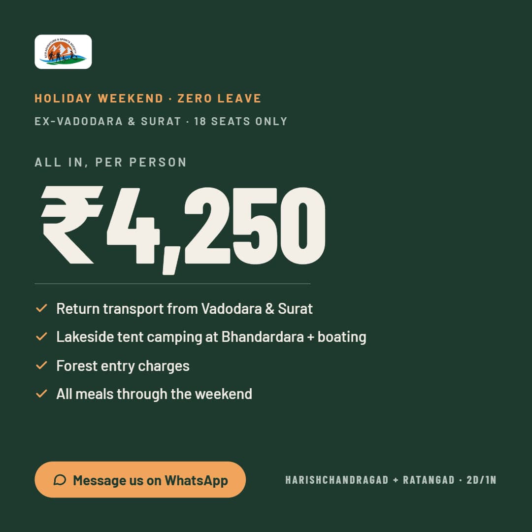 ₹4,250 all in, per person: return transport from Vadodara and Surat, lakeside tent camping at Bhandardara with boating, forest entry, all meals